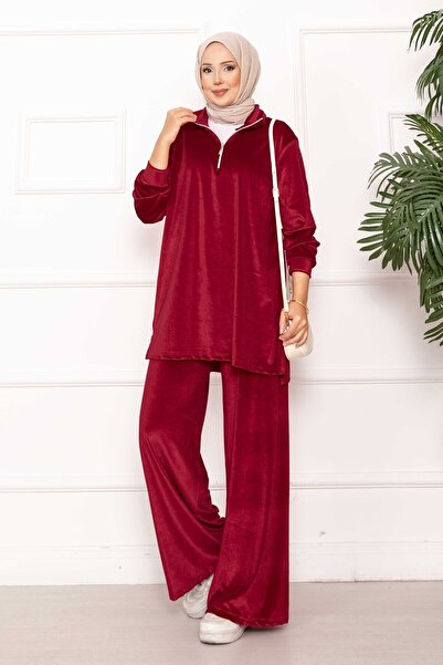 EBRUTESETTÜR Fermuar Detaylı Kadife İkili Takım Şarabi