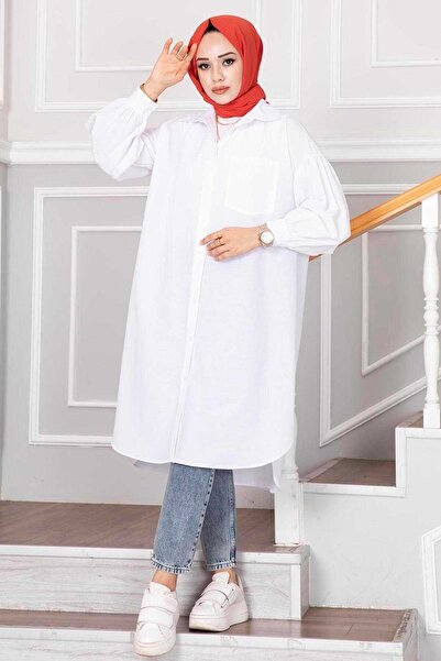 EBRUTESETTÜR قميص تونيك بقصة بيضاوية للنساء المحجبات، لون إكرو