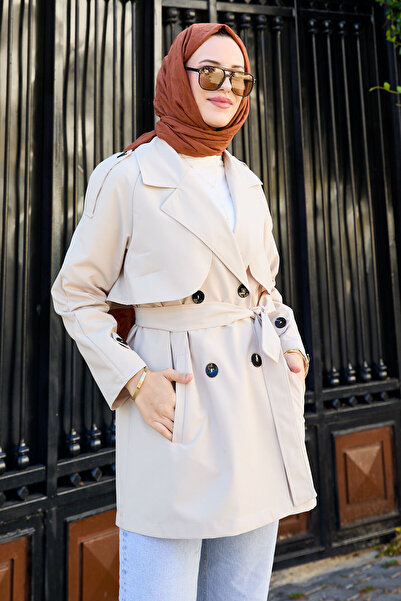 EBRUTESETTÜR Seyyar Kuşaklı Düğmeli Kısa Trençkot Taş