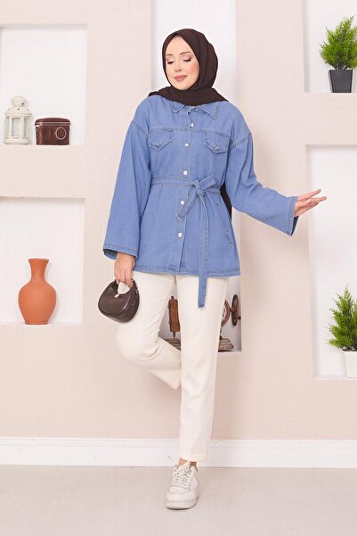 EBRUTESETTÜR Pocket Detailed Belted Denim Jacket Light Blue