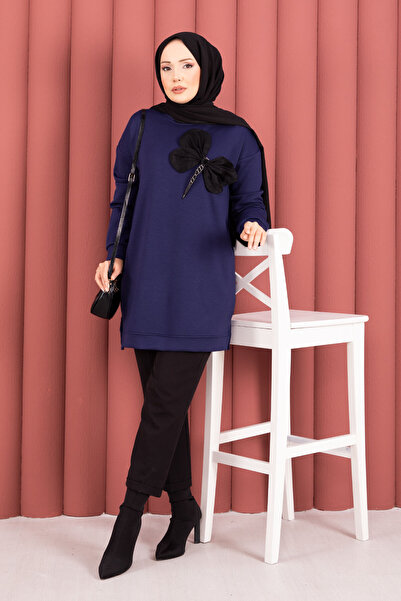 EBRUTESETTÜR فستان تونيك ناعم مطرز بالأحجار مع تفاصيل الفيونكة باللون الأزرق ...