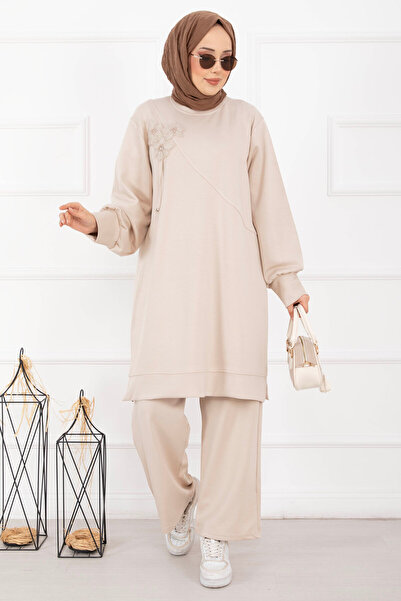 EBRUTESETTÜR طقم حجاب مزدوج بتفاصيل زهور مطرزة باللون البيج