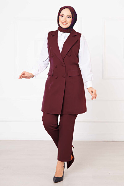 EBRUTESETTÜR طقم سترة طويلة بياقة منديل باللون الأحمر الداكن