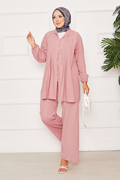 EBRUTESETTÜR طقم مزدوج بتفاصيل نيرفور وأزرار بريطانية باللون الوردي المجفف