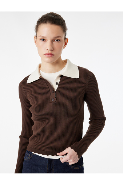 Koton Pulover tricotat cu mânecă lungă, cu guler polo și nasturi pe jumătate