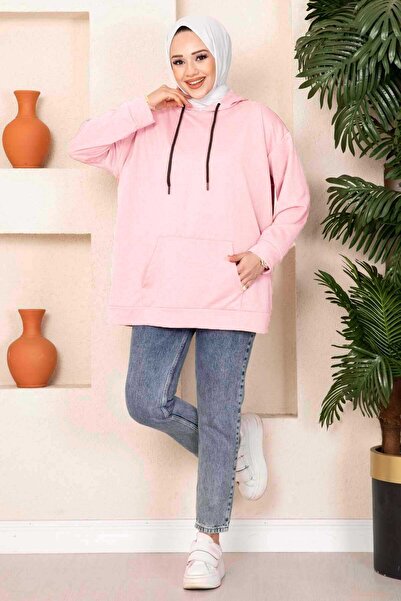 EBRUTESETTÜR Kanguru Cepli Tesettür Sweatshirt Pudra