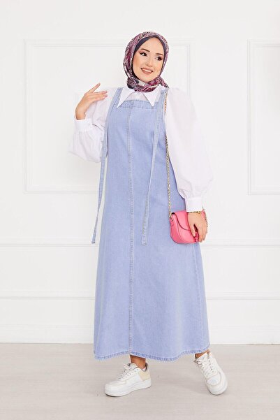 EBRUTESETTÜR Yandan Cepli Tesettür Kot Salopet Elbise Buz Mavisi