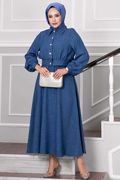 EBRUTESETTÜR طقم تيزيتور (حجاب) مع تنورة بتفاصيل أزرار مرصعة بالحجر - لون نيلي