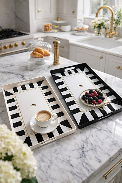 MAKRİ HOME 2 adet Çizgili Desenli Servis Tepsisi 38x28x3,5 cm, Siyah-Beyaz ve...