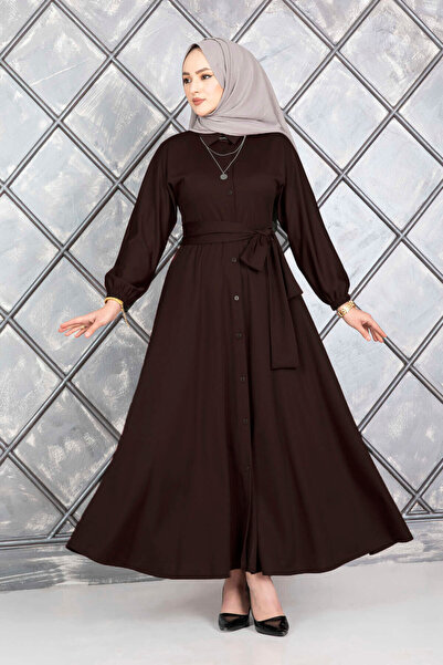 EBRUTESETTÜR Boydan Düğmeli Kuşaklı Tesettür Elbise Kahve