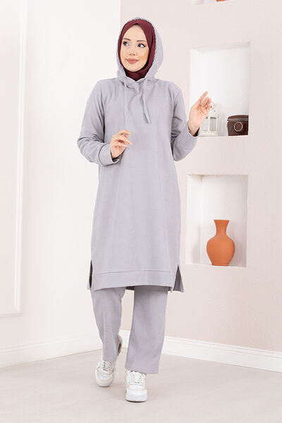 AZR Corded Fabric Hooded Hijab Double Set Gray