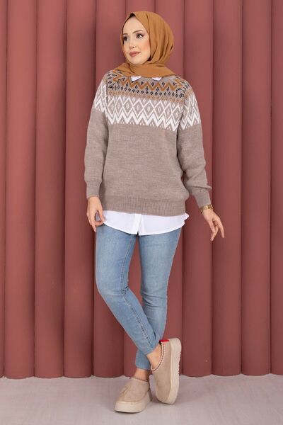 EBRUTESETTÜR Ethnic Motif Casual Knitwear Sweater Mink