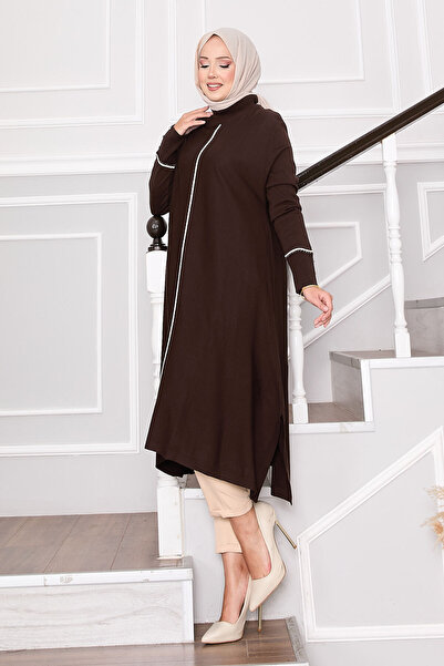 EBRUTESETTÜR Elegant Glitter Striped Mevlana Knitwear Tunic Brown