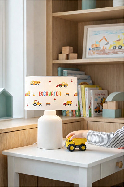 HOMİNG Kumaş Baskılı Inşaat Makineleri Çocuk Odası Abajur Ayd-3050