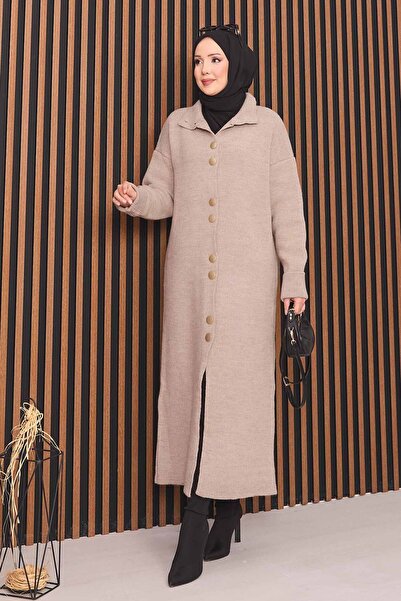 EBRUTESETTÜR Boydan Gold Buttoned Hijab Knitwear Cardigan Mink