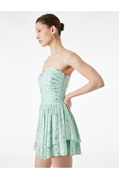 Koton Μίνι φόρεμα στράπλες με βολάν και λάμψη σε στενή γραμμή