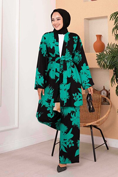 EBRUTESETTÜR Patterned Viscon Double Hijab Set Black