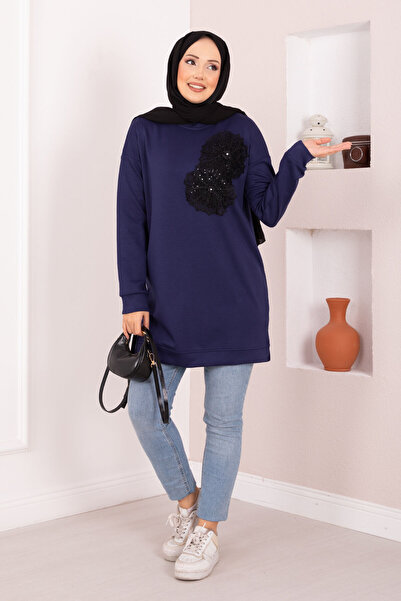 EBRUTESETTÜR Floral Embroidered Soft Hijab Tunic Navy Blue