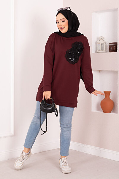 EBRUTESETTÜR Floral Embroidered Soft Hijab Tunic Burgundy