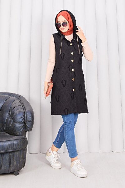 EBRUTESETTÜR Hooded Button Hijab Quilted Vest Black