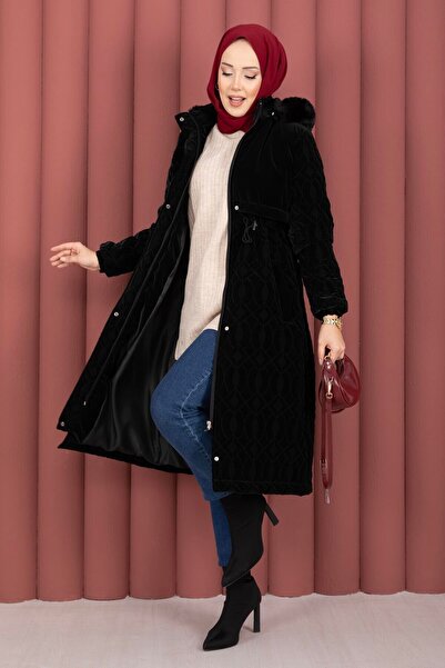 HSM Quilted Pattern Fur Hooded Nova Coat Black