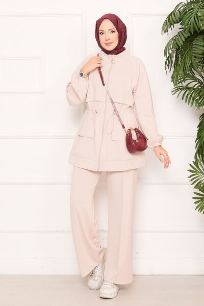 EBRUTESETTÜR Adjustable Waist Pocket Detailed Hijab Two-Piece Suit Beige