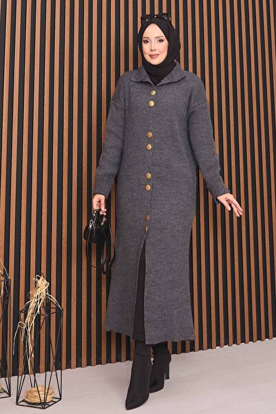 EBRUTESETTÜR Boydan Gold Buttoned Hijab Knitwear Cardigan Anthracite