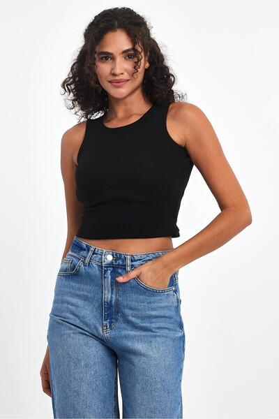 COMEOR Women's Black Ribbed Look Strap Thick Flexible Knitted Basic Crop Tank Top