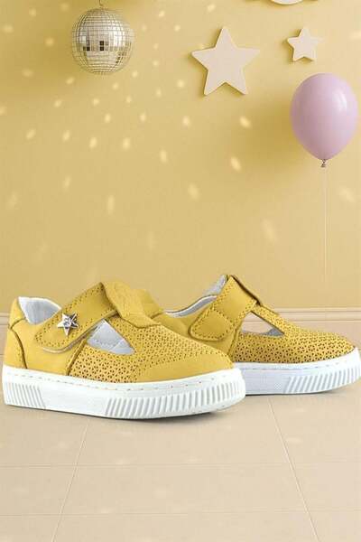 Rakerplus Bheem Genuine Leather Yellow Velcro Star Detailed Baby Sandals