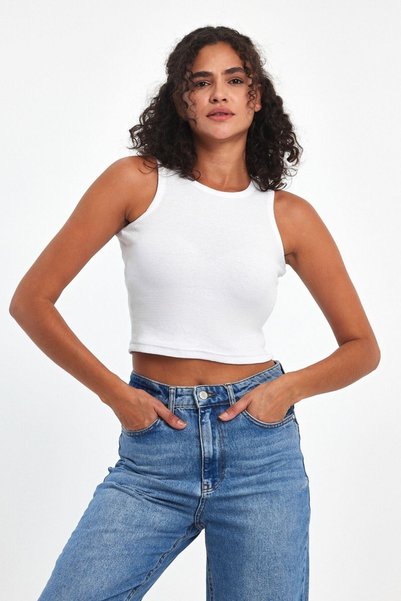 COMEOR Women's White Ribbed Look Strap Thick Flexible Knitted Basic Crop Tank Top Blouse Cmrb93