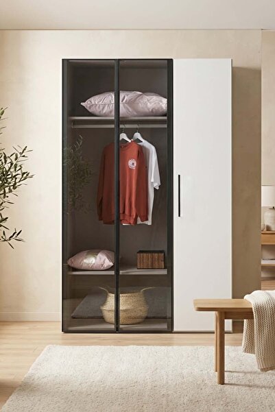 benim odam Diva 3 Kapaklı Beyaz Dolap 5 Raflı Cam Kapaklı Geniş Gardırop Elbi...