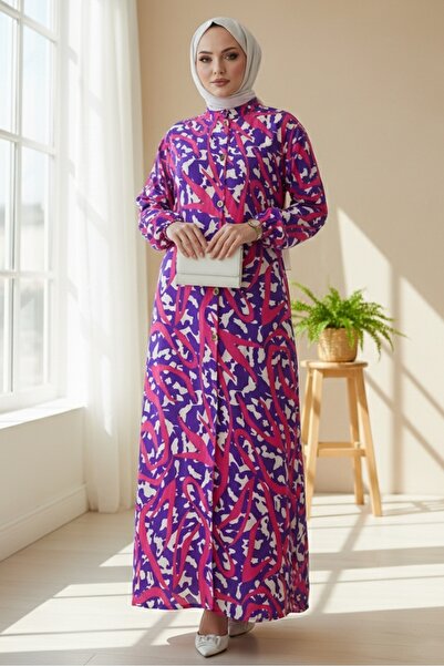 Bestenur Stripe Pattern Buttoned Woven Viscose Dress 1481 - Purple