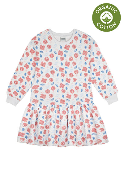 Antebies فستان بناتي بأكمام طويلة منقوش عليه زهور بألوان مائية بيضاء عضوية