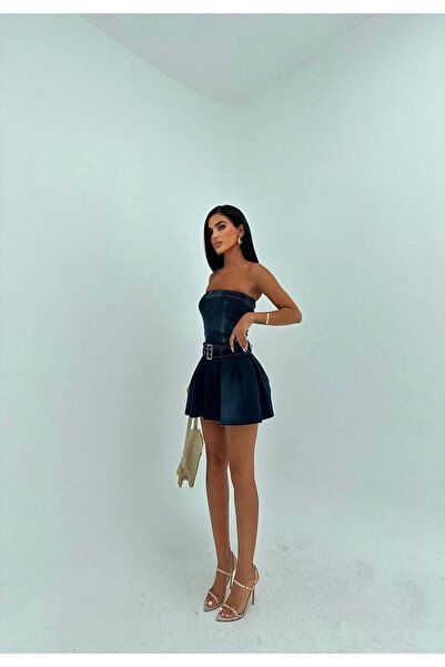 HerTon Kadın Koyu Yıkama Kot Elbise - Straplez, Kemerli, Pileli Mini Denim El...