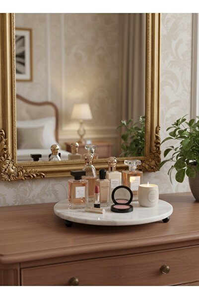 FARALYAHOME Mermer 28 Cm Siyah Boncuk Ayaklı Yuvarlak Sunum Tepsisi Beyaz