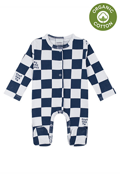 Antebies Organik Lacivert Beyaz No Bad Days Ekose Desenli Çıtçıtlı Uzun Kollu...