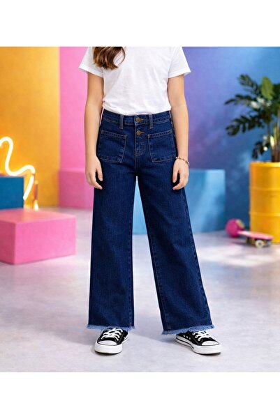 minny max Geniş Paça Kız Çocuk Denim Kot Pantolon Koyu Mavi Renk