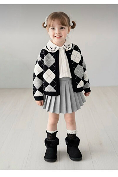 nazarbebe Girl's Plaid Patterned Cardigan & Pleated Skirt Combination – Styli...