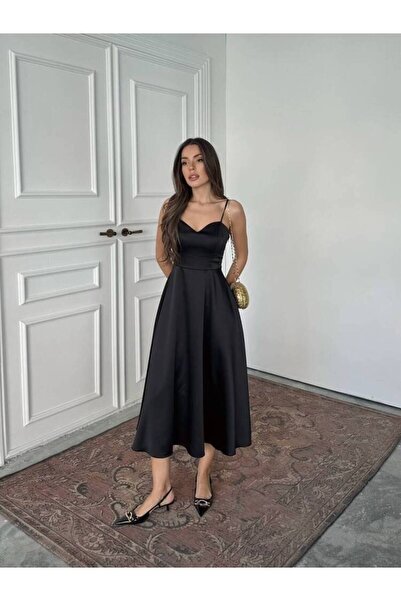 MAXMOOR HANAN SATEN ASKILI MİDİ PRENSES SİYAH ELBİSE