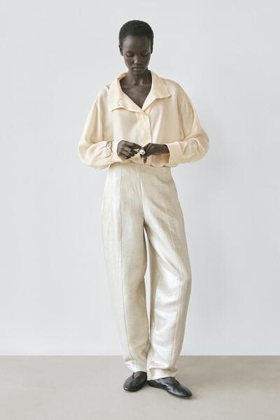 Massimo Dutti Dökümlü metalik keten pantolon