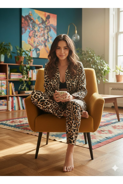 trendmodaal düğmeli leopar desen pijama takımı