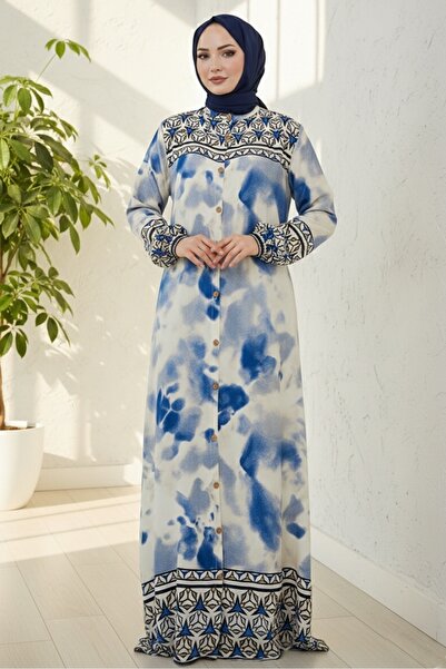 Bestenur Rochie Aymir din viscoză țesută cu nasturi 1559 - Albastru