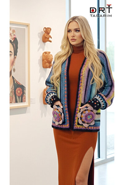 drt tasarım Frida Multi-Colored Women's Winter Cardigan with Pockets