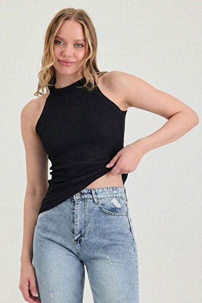 gothamvibes Women's Halter Neck Black Corded Fabric T-Shirt