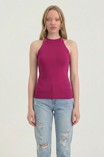 gothamvibes Women's Halter Collar Fuchsia Ribbed Athlete