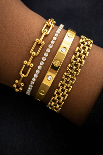 Crc Bijuteri سوار نسائي من الفولاذ المقاوم للصدأ مكون من 4 قطع باللون الذهبي