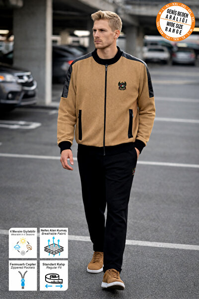 BESSA Beige Tracksuit Set with Palestine Emblem Printed Zipper Pockets and Pa...