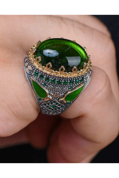 Prestige Gümüş Erkek Yüzük Yeşil Zirkon Taşlı Mikro Taş Süslemeli 10000000480