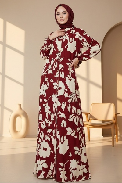 Bestenur Rochie din viscoză țesută cu nasturi Elmira 1563 - Roșu Claret