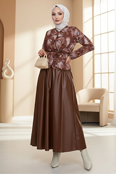 Bestenur Patterned Jacket Skirt Leather Two-Piece Set 1616 - Brown